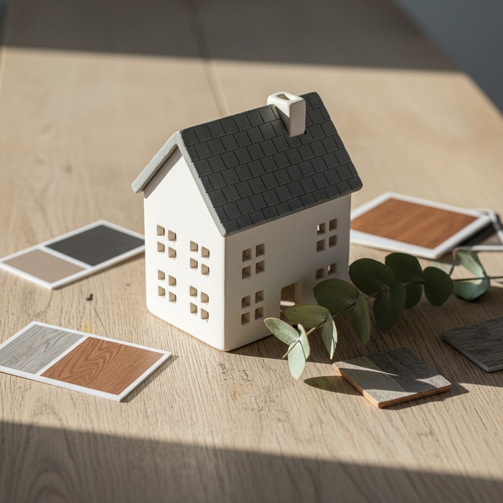 Docket tiles, miniature model house and plants on wooden table in a small dot of sunlight. * Docket tiles * Miniature mode...